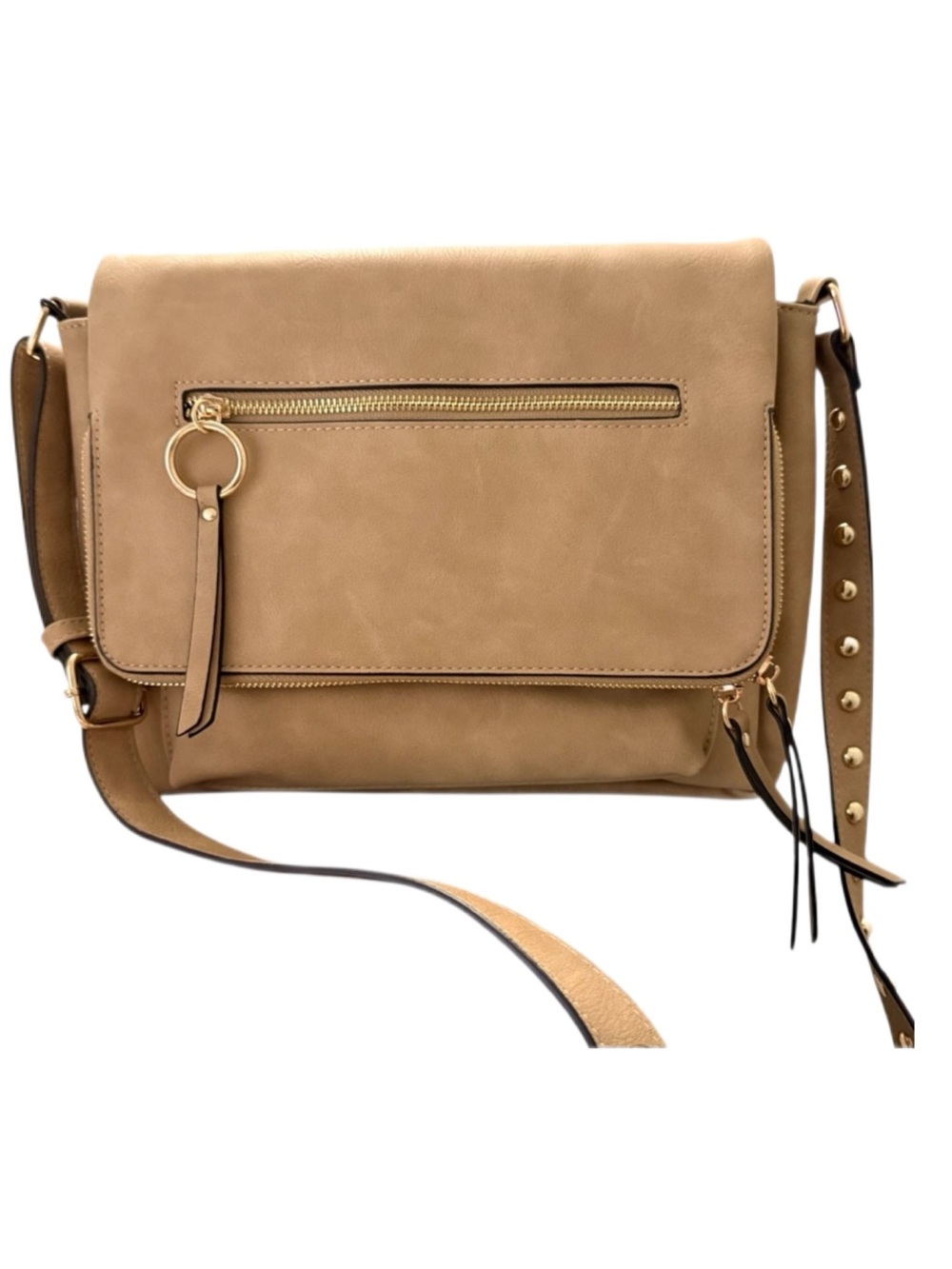JUNIPER & JOY Fold Over Flap Tan Crossbody Bag Shoulder Bag Vegan Leather NEW
